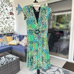 Studio I Green and Black V-Neck Midi Sundress